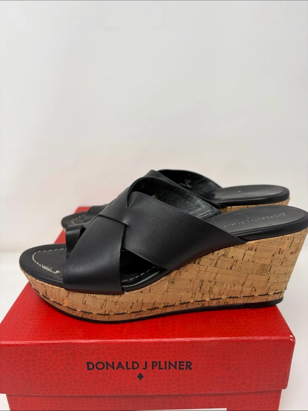 Donald J. Pliner Black Leather Cork Wedge Slide Sandals Size 7